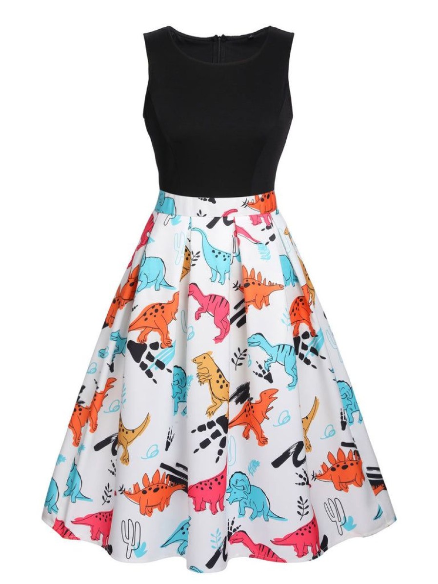 Clothing Retro Stage | 1950S Dinosaur Flare Dress Black