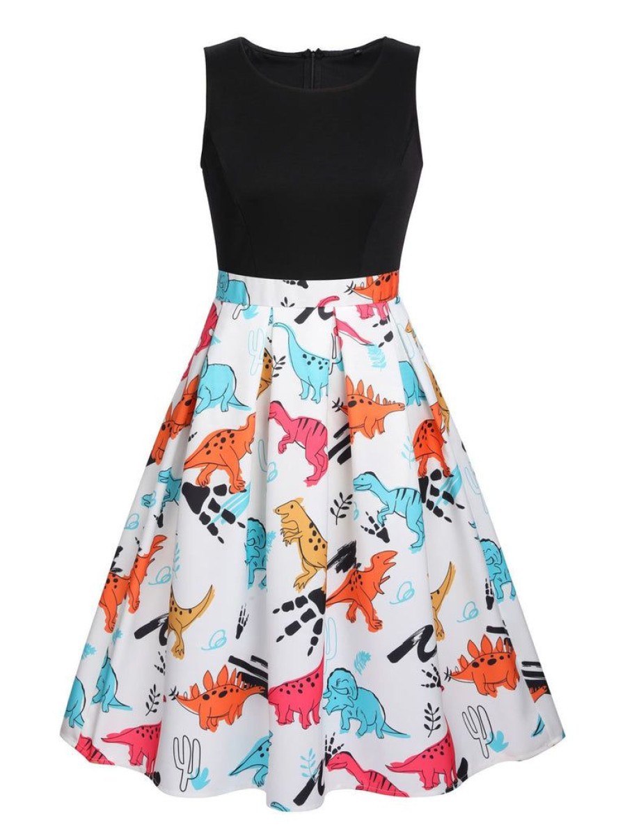 Clothing Retro Stage | 1950S Dinosaur Flare Dress Black