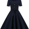 Clothing Retro Stage | 1950S Solid Belt Swing Dress Navy Blue