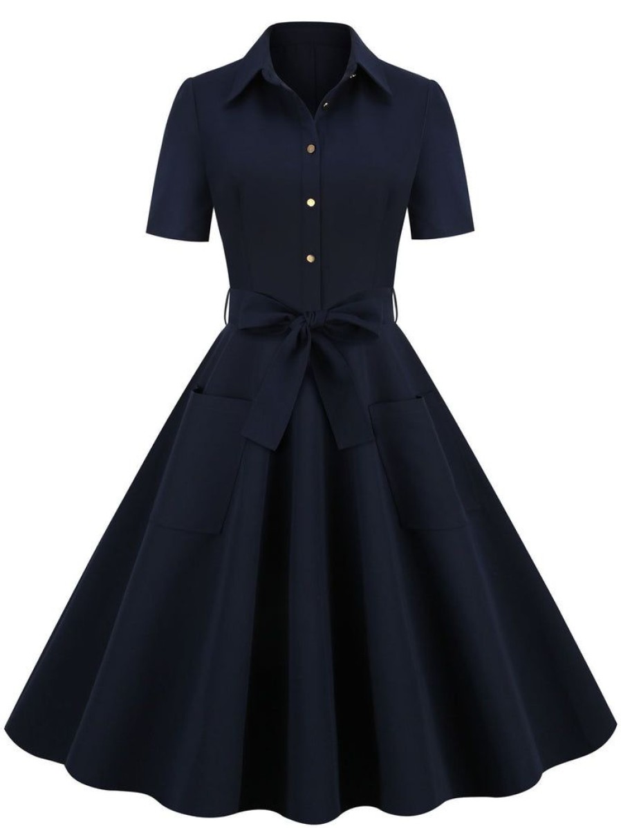 Clothing Retro Stage | 1950S Solid Belt Swing Dress Navy Blue