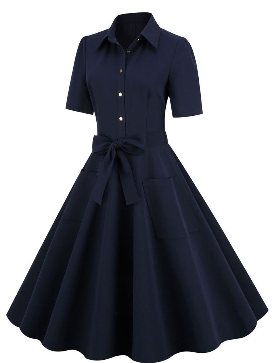 Clothing Retro Stage | 1950S Solid Belt Swing Dress Navy Blue