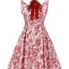 Clothing Retro Stage | 1940S Floral Bow Lapel Sleeveless Dress Red