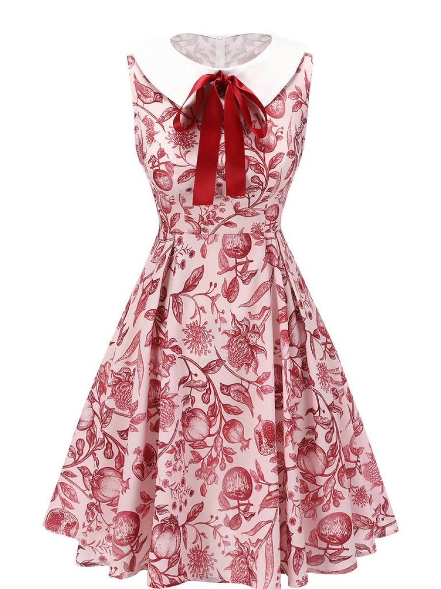 Clothing Retro Stage | 1940S Floral Bow Lapel Sleeveless Dress Red