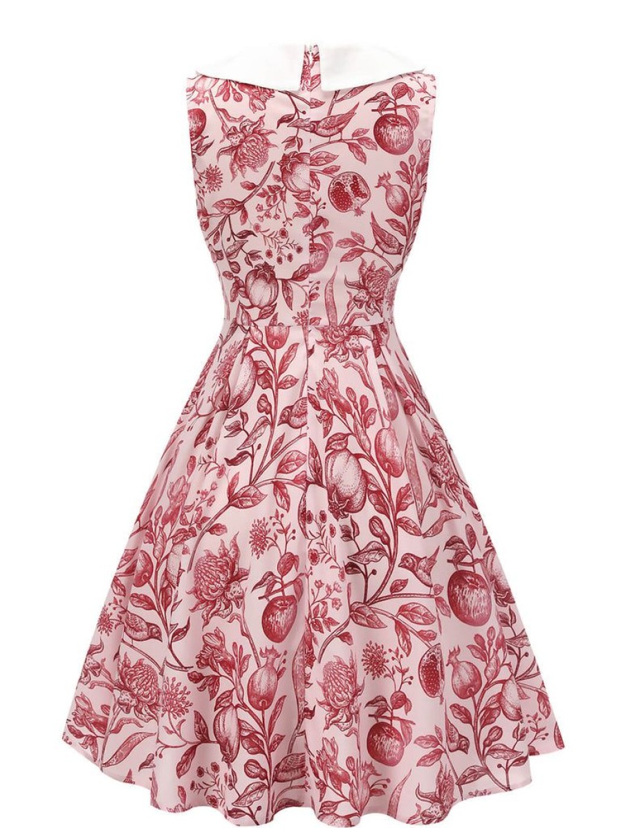 Clothing Retro Stage | 1940S Floral Bow Lapel Sleeveless Dress Red