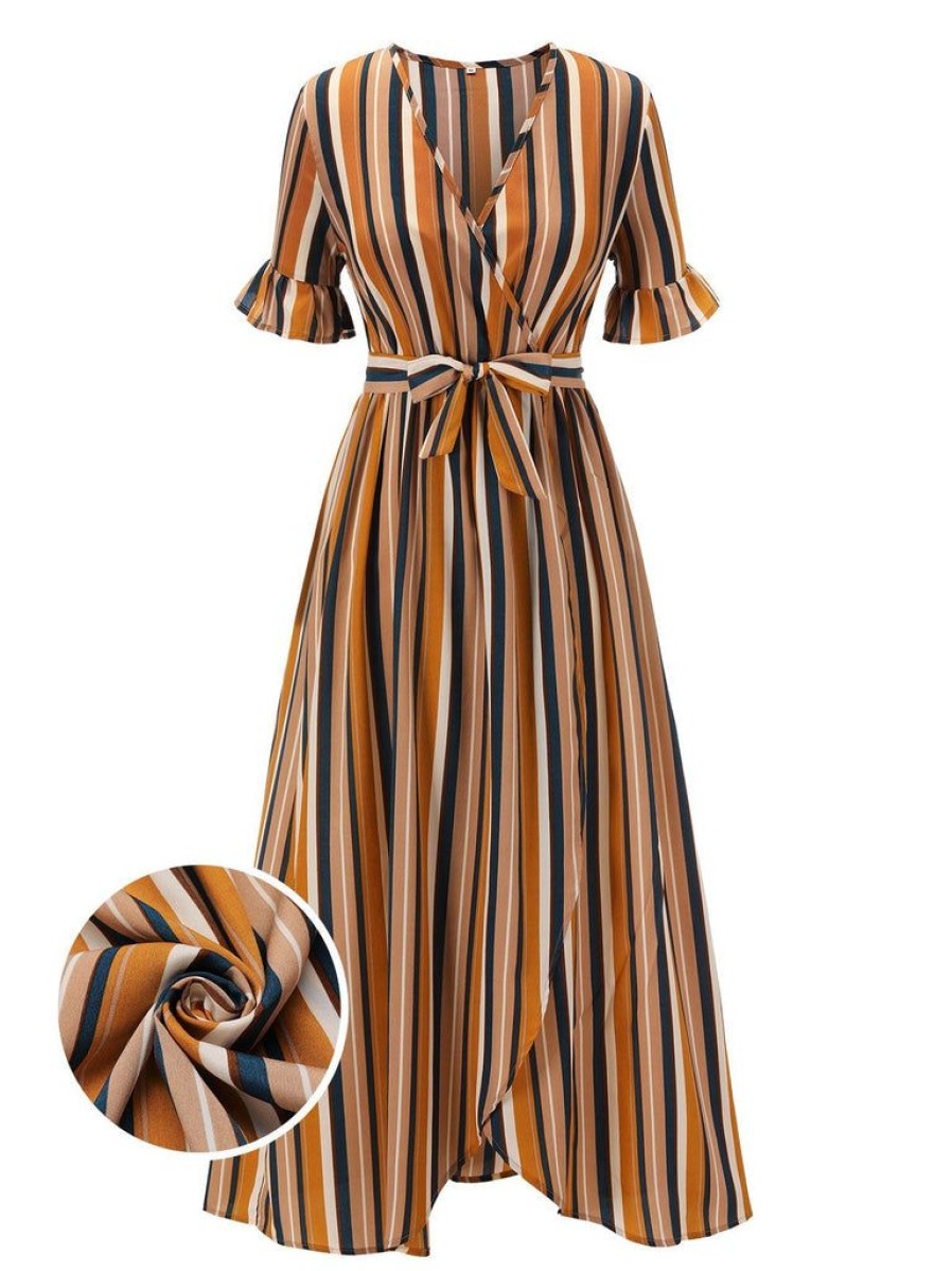 Clothing Retro Stage | Earth 1950S Stripes Wrap Waist Dress Yellow