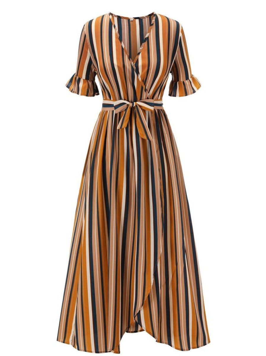 Clothing Retro Stage | Earth 1950S Stripes Wrap Waist Dress Yellow