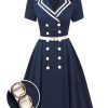 Clothing Retro Stage | [Pre-Sale] 1950S Sailor Style Double Breasted Dress Dark Blue