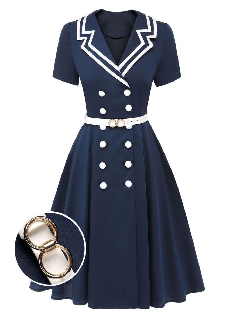 Clothing Retro Stage | [Pre-Sale] 1950S Sailor Style Double Breasted Dress Dark Blue