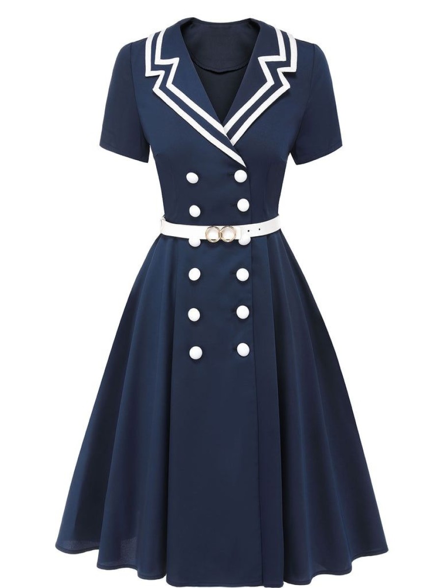 Clothing Retro Stage | [Pre-Sale] 1950S Sailor Style Double Breasted Dress Dark Blue