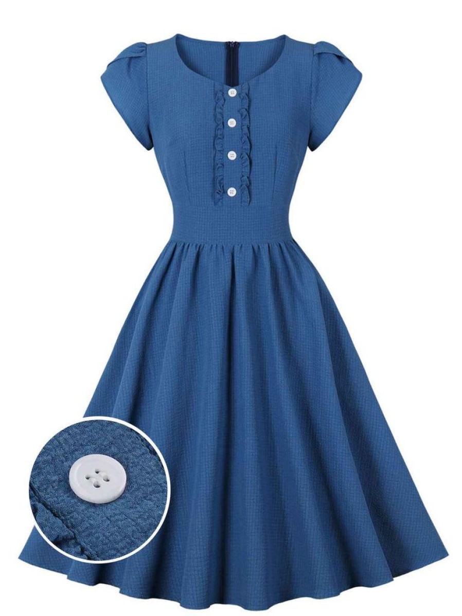 Clothing Retro Stage | 1950S Short Sleeve Ruffles Buttoned Solid Dress Blue