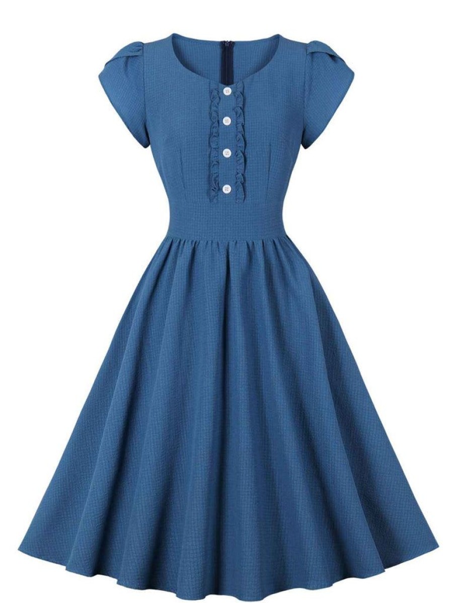 Clothing Retro Stage | 1950S Short Sleeve Ruffles Buttoned Solid Dress Blue