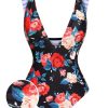 Clothing Retro Stage | 1940S Strap Flowers Deep V-Neck One-Piece Swimsuit Multicolor