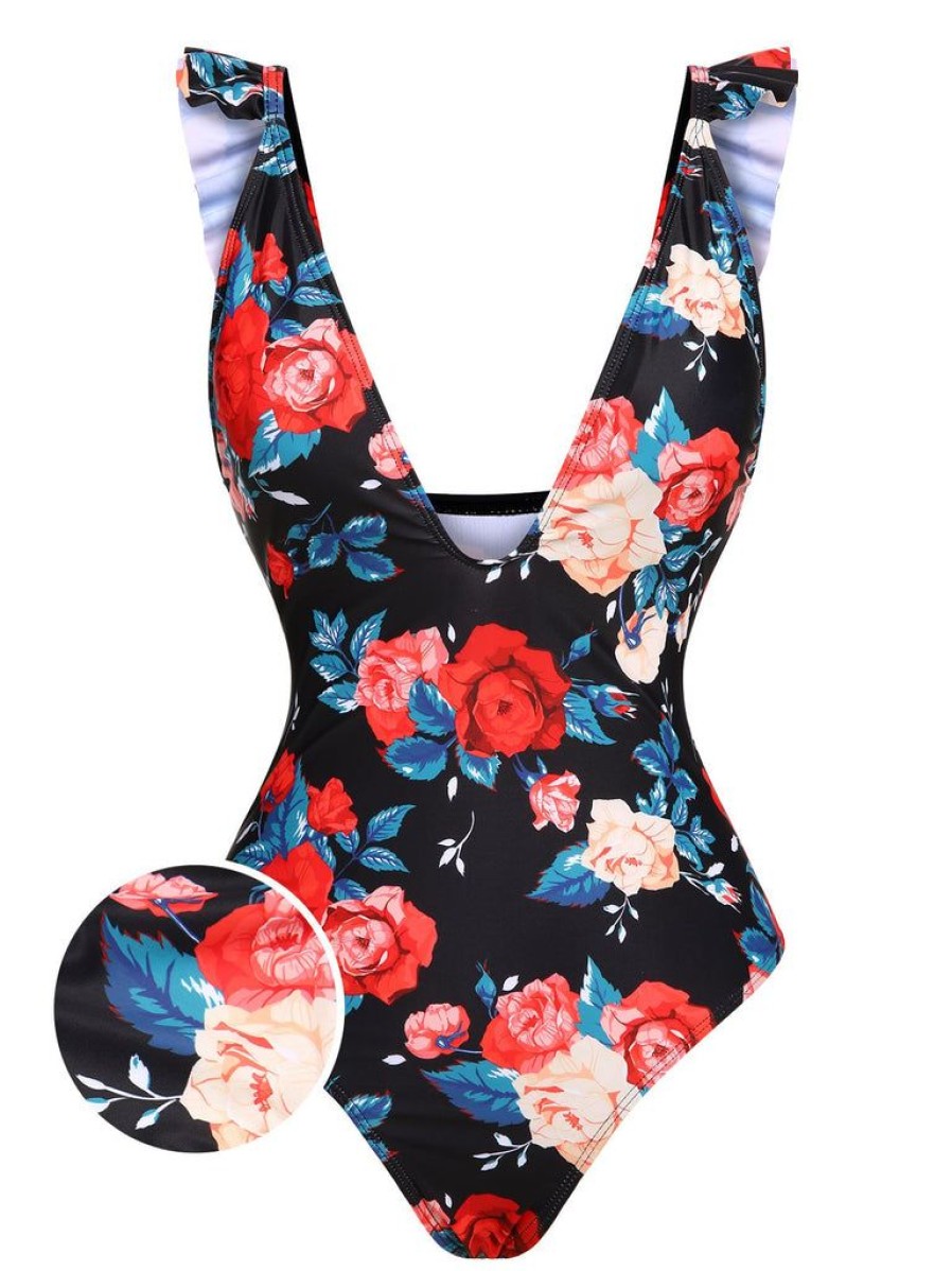 Clothing Retro Stage | 1940S Strap Flowers Deep V-Neck One-Piece Swimsuit Multicolor