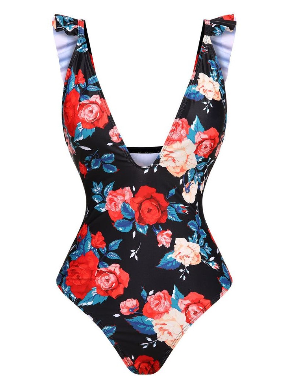 Clothing Retro Stage | 1940S Strap Flowers Deep V-Neck One-Piece Swimsuit Multicolor