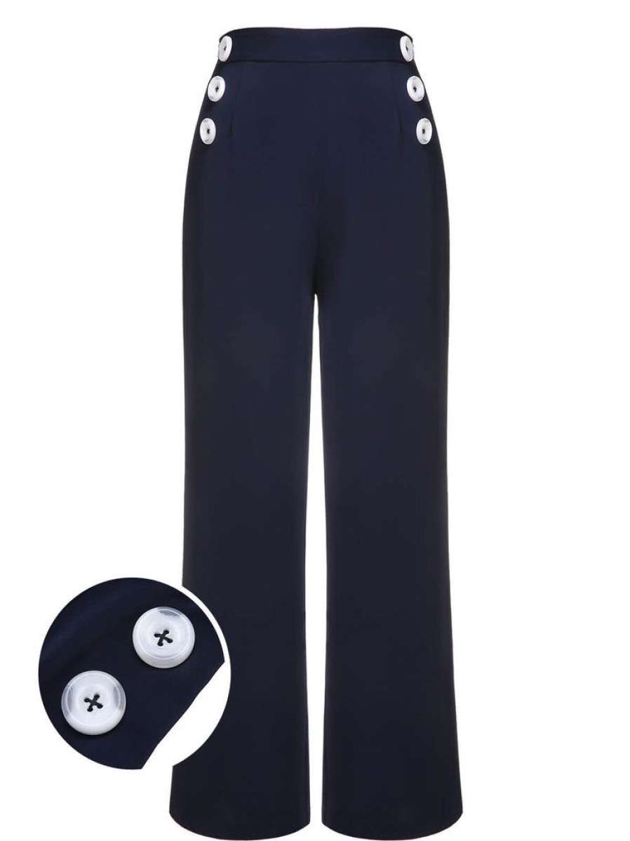 Clothing Retro Stage | 1950S Solid Button Straight Pants Dark Blue