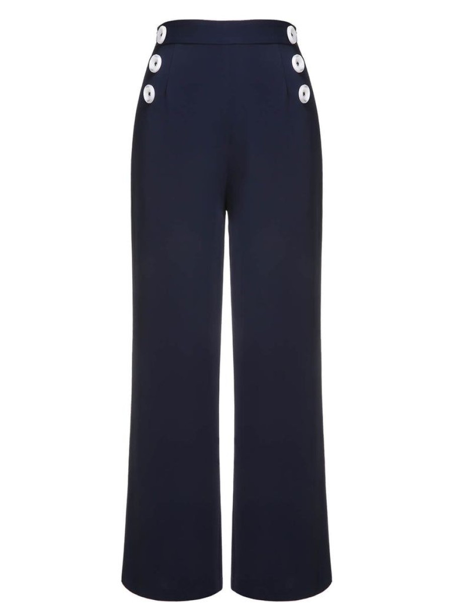 Clothing Retro Stage | 1950S Solid Button Straight Pants Dark Blue