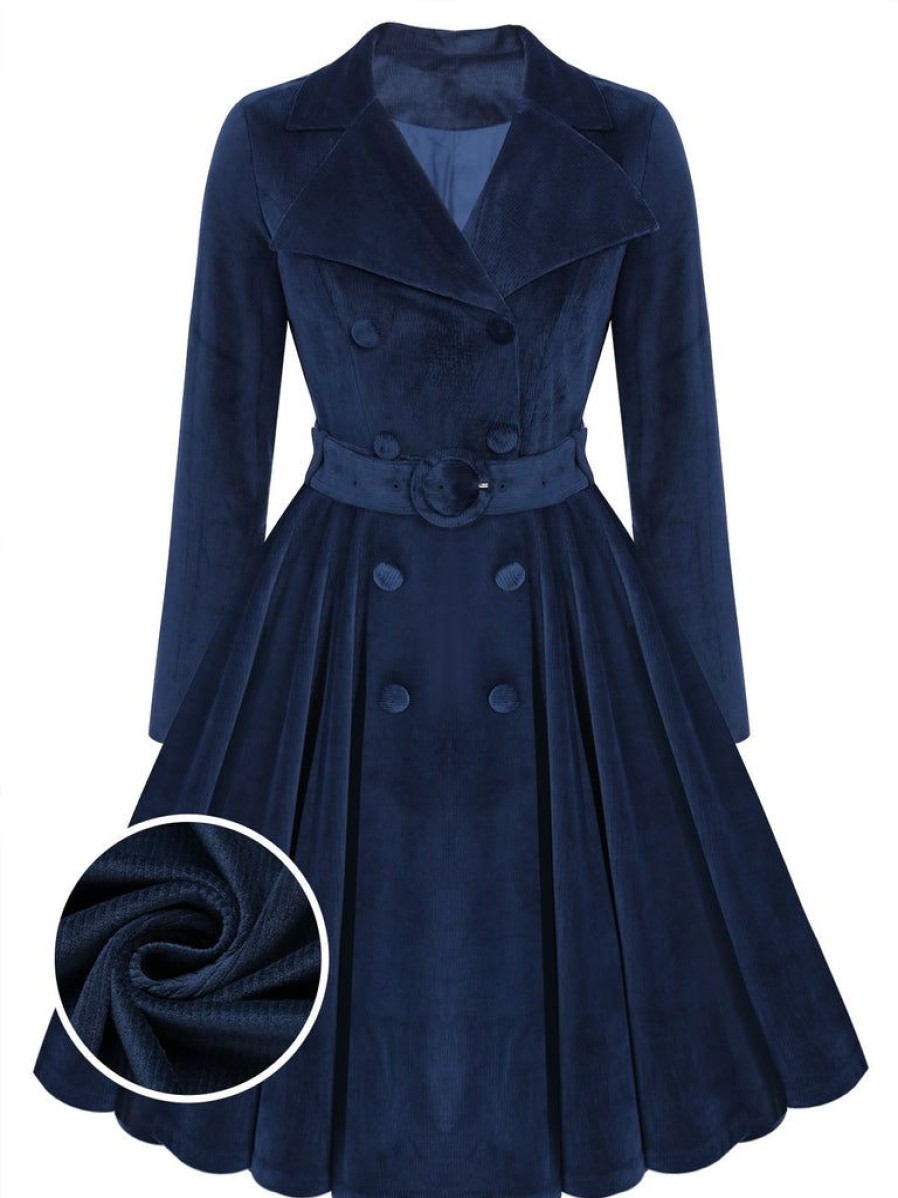 Clothing Retro Stage | [Plus Size] 1950S Velvet Long Coat Navy Blue