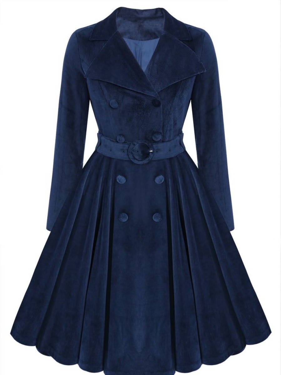 Clothing Retro Stage | [Plus Size] 1950S Velvet Long Coat Navy Blue