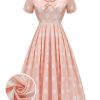 Clothing Retro Stage | 1940S Dot Short Sleeves Dress Peach Pink