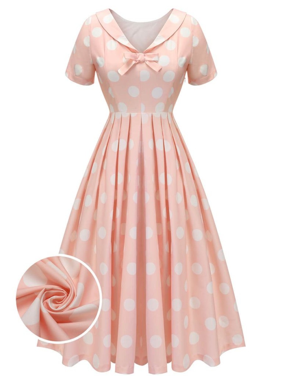 Clothing Retro Stage | 1940S Dot Short Sleeves Dress Peach Pink