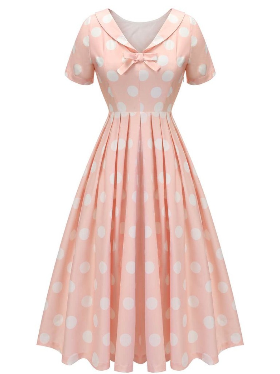 Clothing Retro Stage | 1940S Dot Short Sleeves Dress Peach Pink