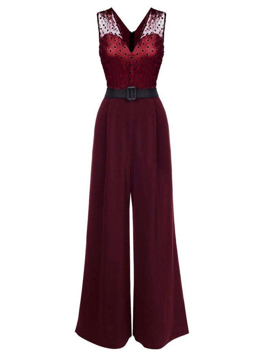 Clothing Retro Stage | 1930S Polka Dot Belt Jumpsuit Wine Red