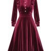 Clothing Retro Stage | 1950S Long Seelve Velvet Swing Dress Wine Red