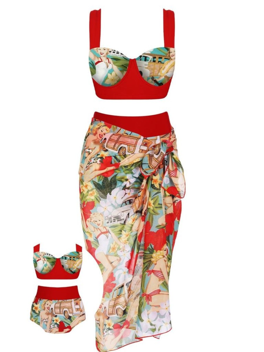 Clothing Retro Stage | 3Pcs 1960S Retro Lady Bikini Set Red