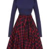 Clothing Retro Stage | 1950S Long Sleeve Plaid Dress Blue