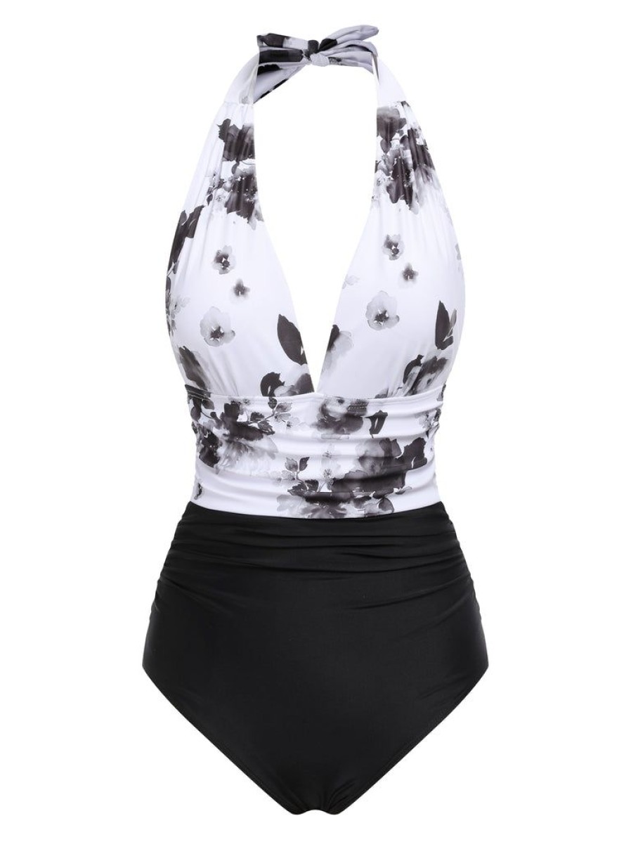 Clothing Retro Stage | White 1940S Chinese Paint Halter Swimsuit White & Black