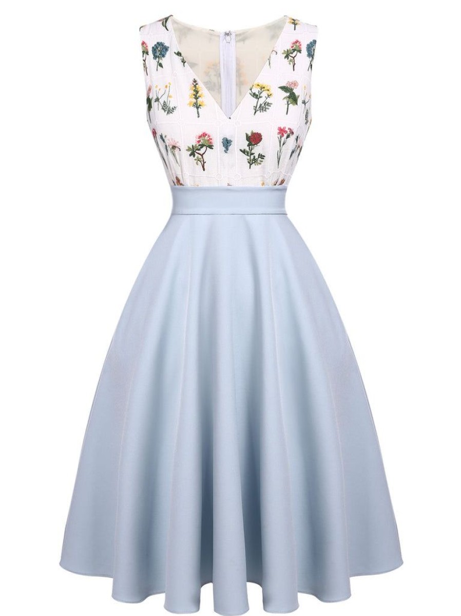 Clothing Retro Stage | 1950S Embroidery Pockets Swing Dress Blue