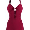 Clothing Retro Stage | 1960S Solid Spaghetti Strap One-Piece Swimsuit Wine Red