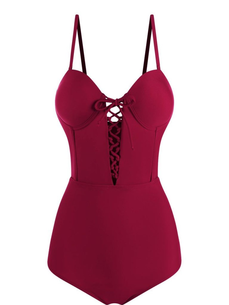 Clothing Retro Stage | 1960S Solid Spaghetti Strap One-Piece Swimsuit Wine Red