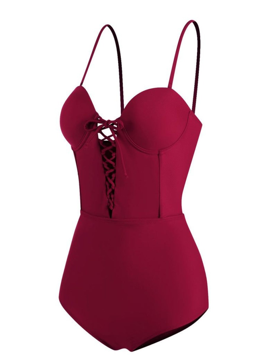 Clothing Retro Stage | 1960S Solid Spaghetti Strap One-Piece Swimsuit Wine Red