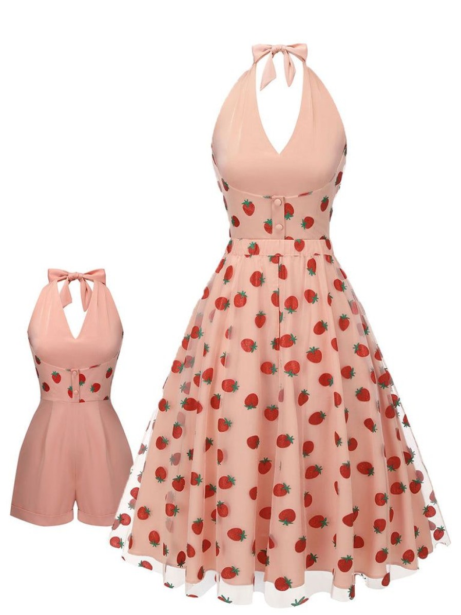 Clothing Retro Stage | 2Pcs 1950S Halter Strawberry Romper & Umbrella Skirt Pink