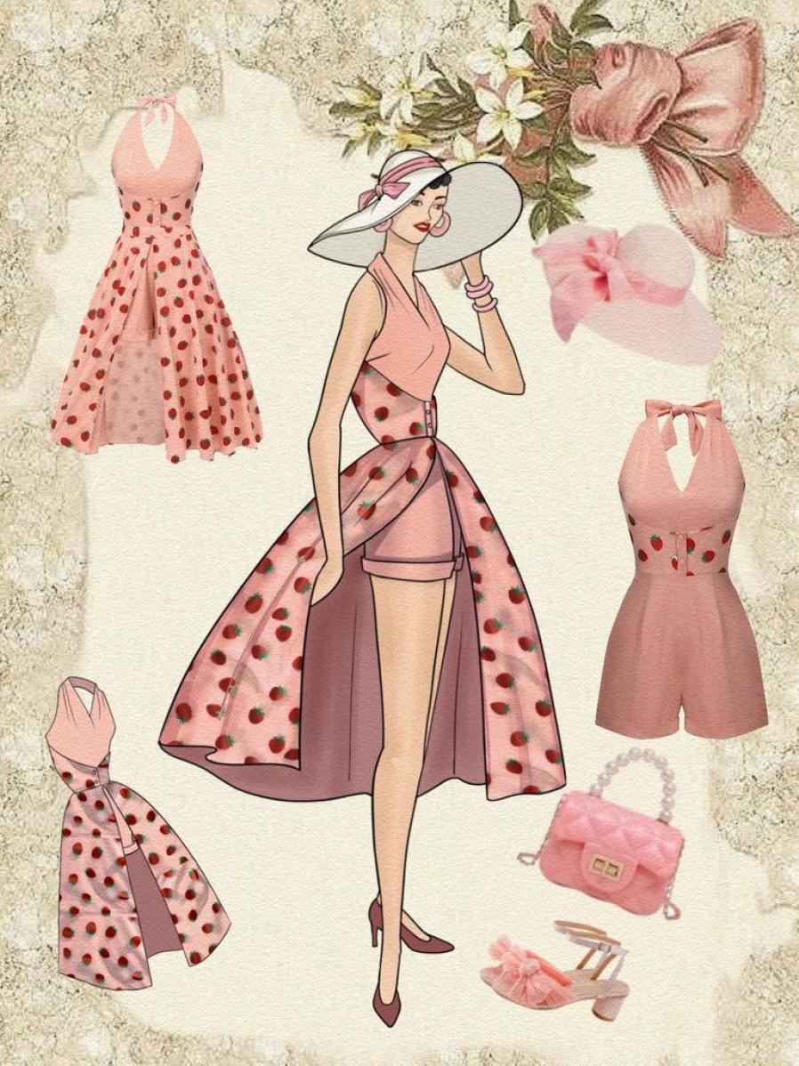 Clothing Retro Stage | 2Pcs 1950S Halter Strawberry Romper & Umbrella Skirt Pink