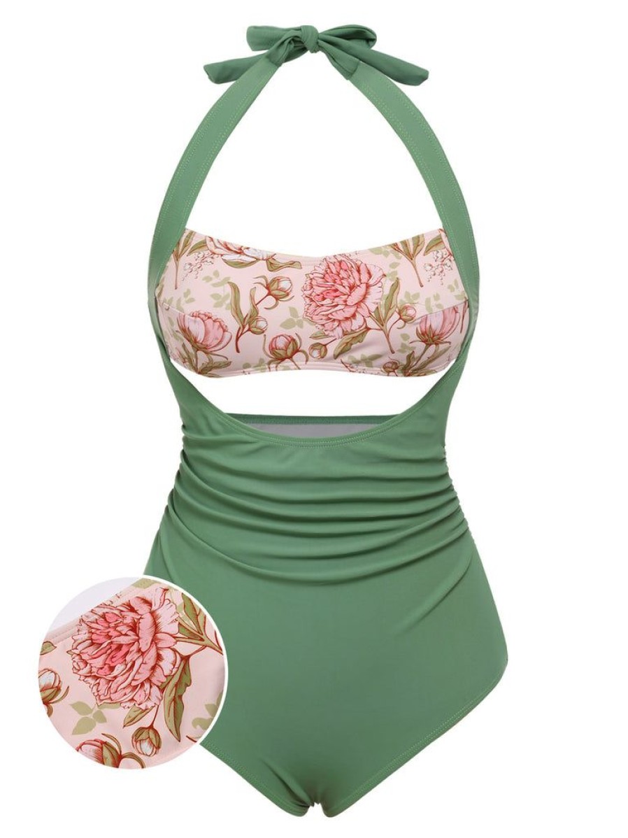 Clothing Retro Stage | 1930S Peony Halter One-Piece Swimsuit Green