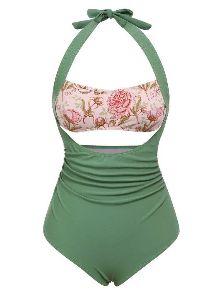 Clothing Retro Stage | 1930S Peony Halter One-Piece Swimsuit Green