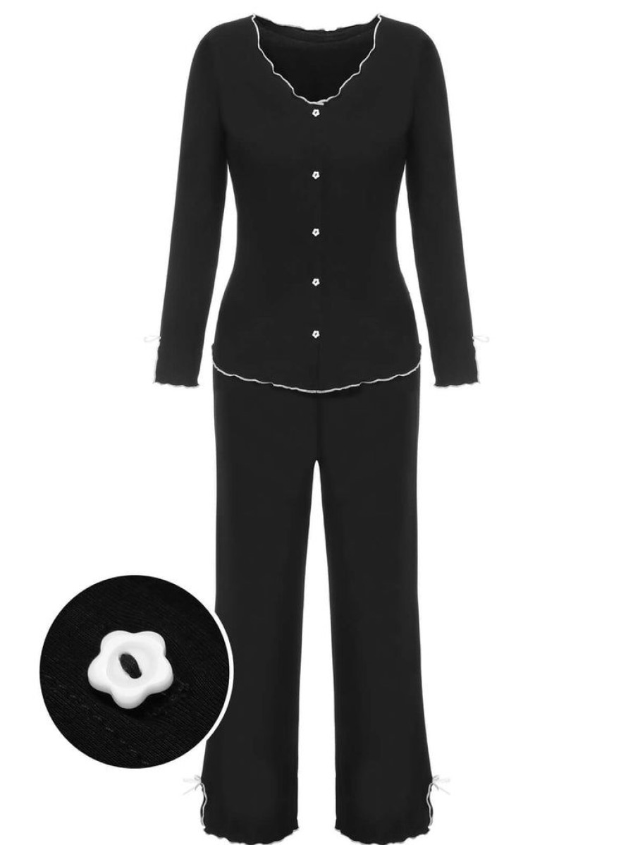 Clothing Retro Stage | 3Pcs 1960S Solid Pajamas Black