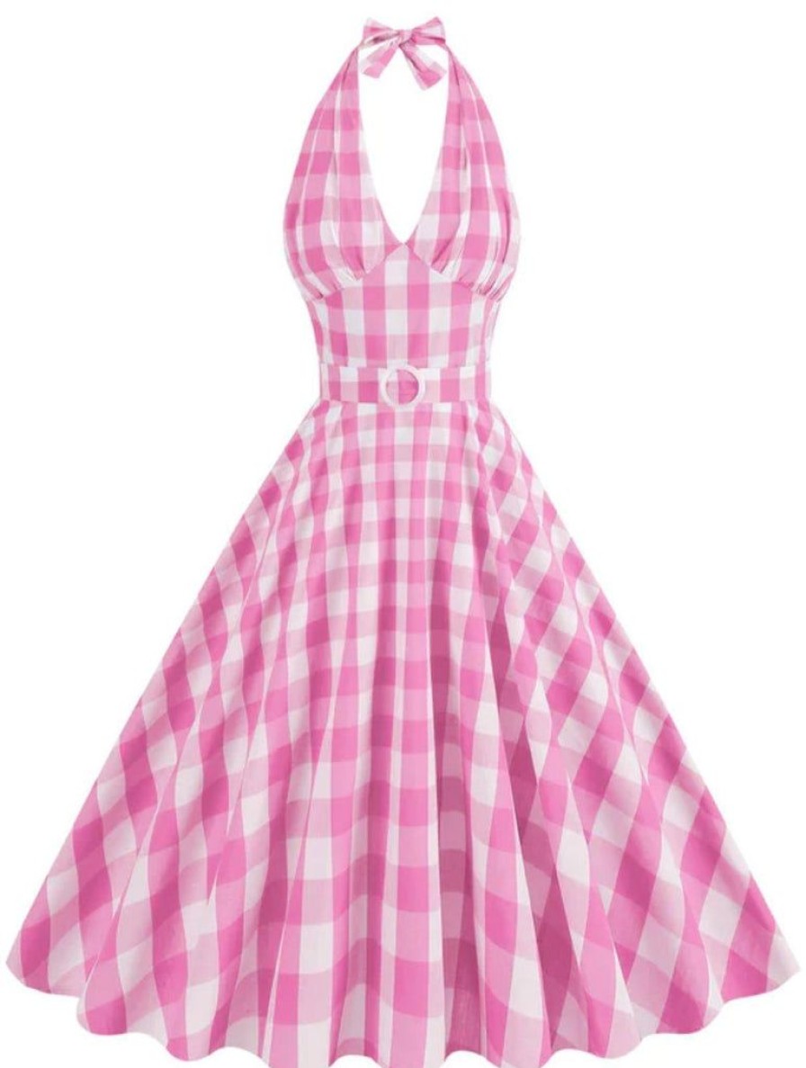 Clothing Retro Stage | 1950S Halter Plaid Belted Swing Dress