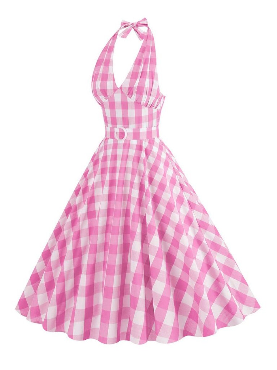 Clothing Retro Stage | 1950S Halter Plaid Belted Swing Dress