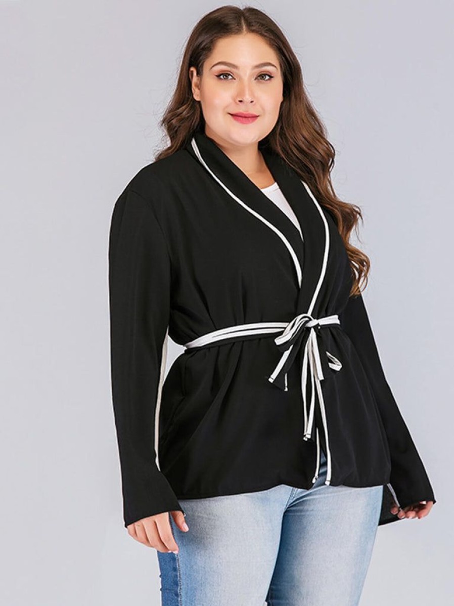 Clothing Retro Stage | [Plus Size] 1940S V-Neck Flared Sleeves Wrap Jacket Black