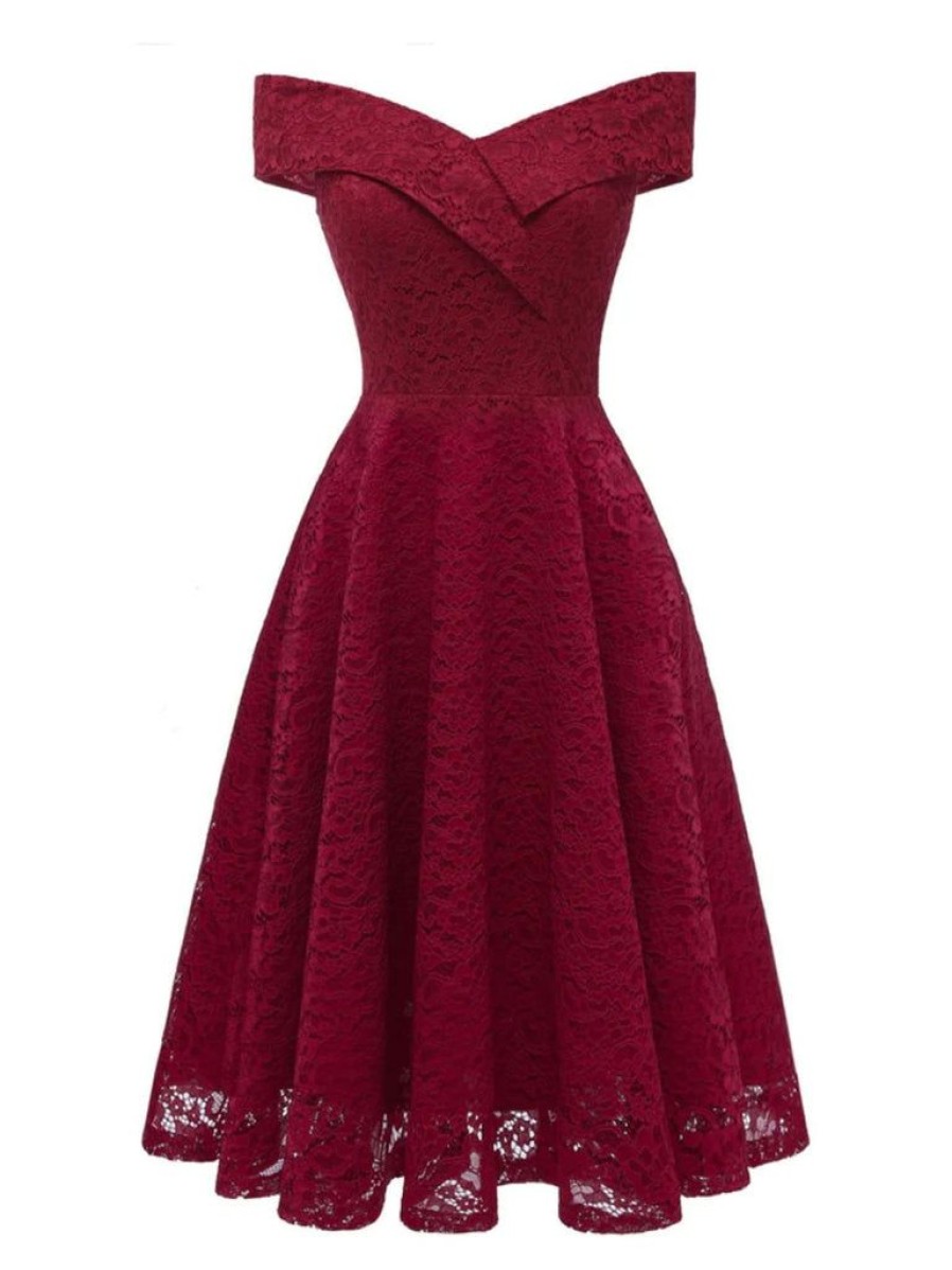 Clothing Retro Stage | 1950S Lace Floral Swing Dress Wine Red