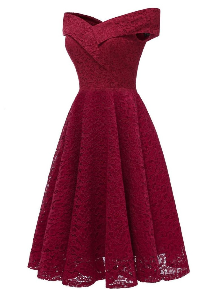 Clothing Retro Stage | 1950S Lace Floral Swing Dress Wine Red