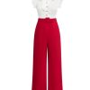 Clothing Retro Stage | [Pre-Sale] 1930S Bow Collar Patchwork Jumpsuit White & Red