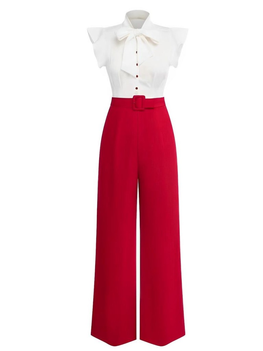 Clothing Retro Stage | [Pre-Sale] 1930S Bow Collar Patchwork Jumpsuit White & Red