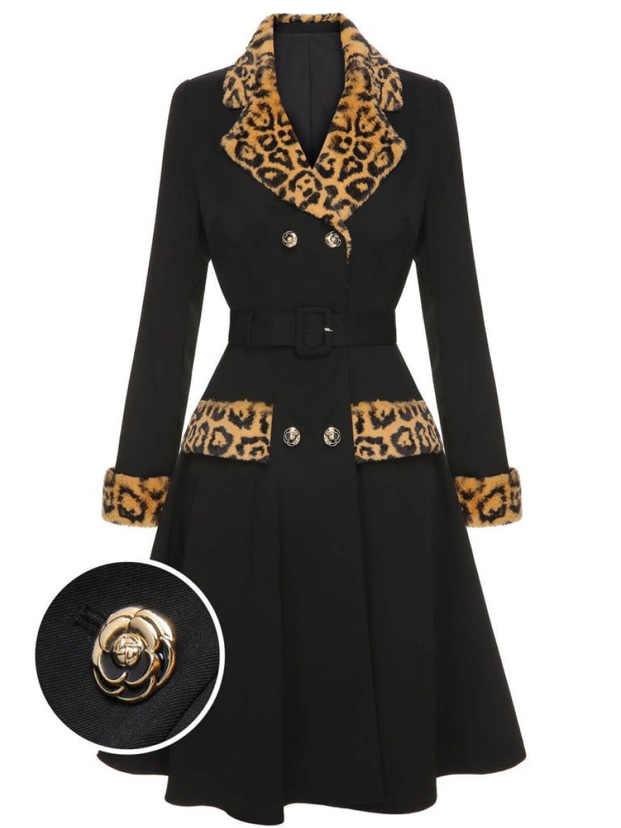 Clothing Retro Stage | 1950S Leopard Lapel Pocket Coat Black