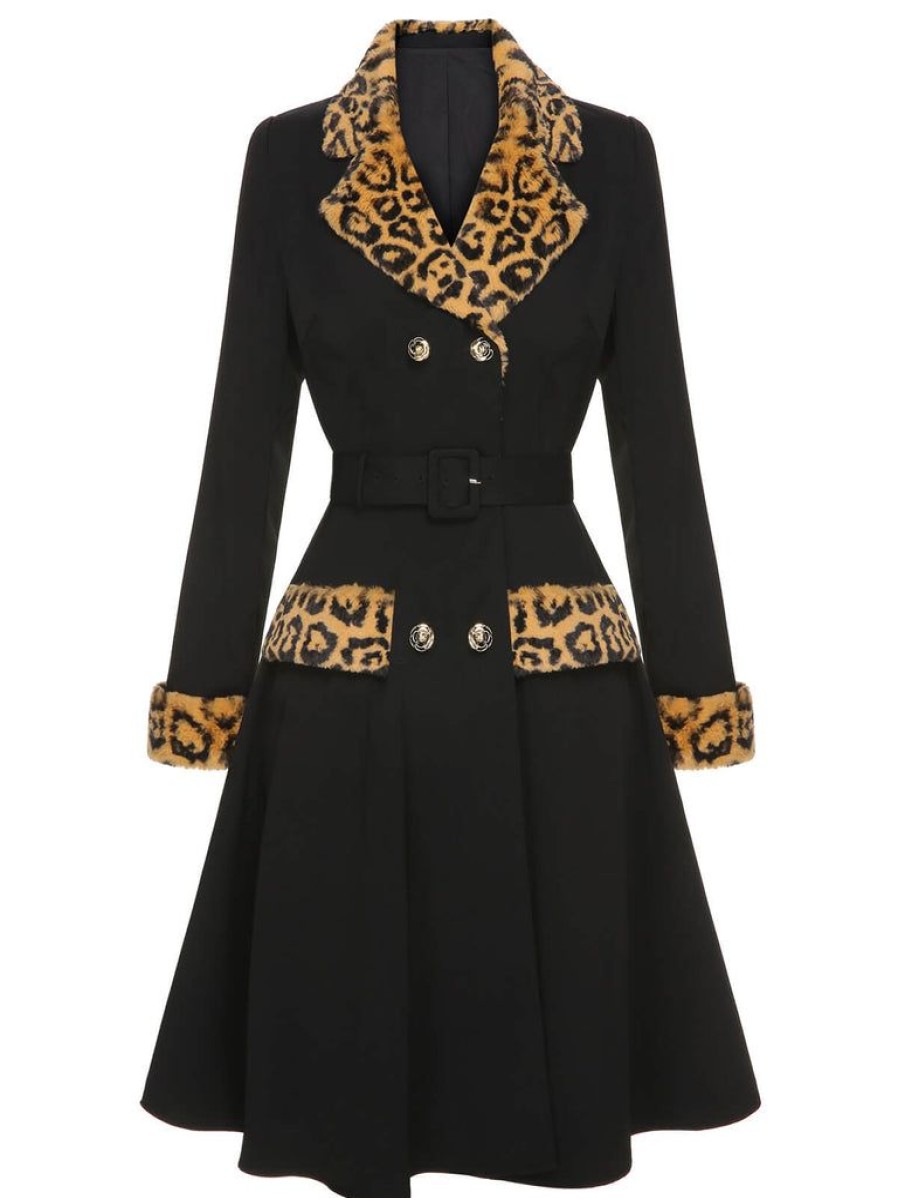 Clothing Retro Stage | 1950S Leopard Lapel Pocket Coat Black