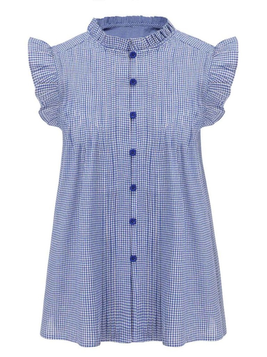 Clothing Retro Stage | 1950S Ruffles Plaid Blouse Blue