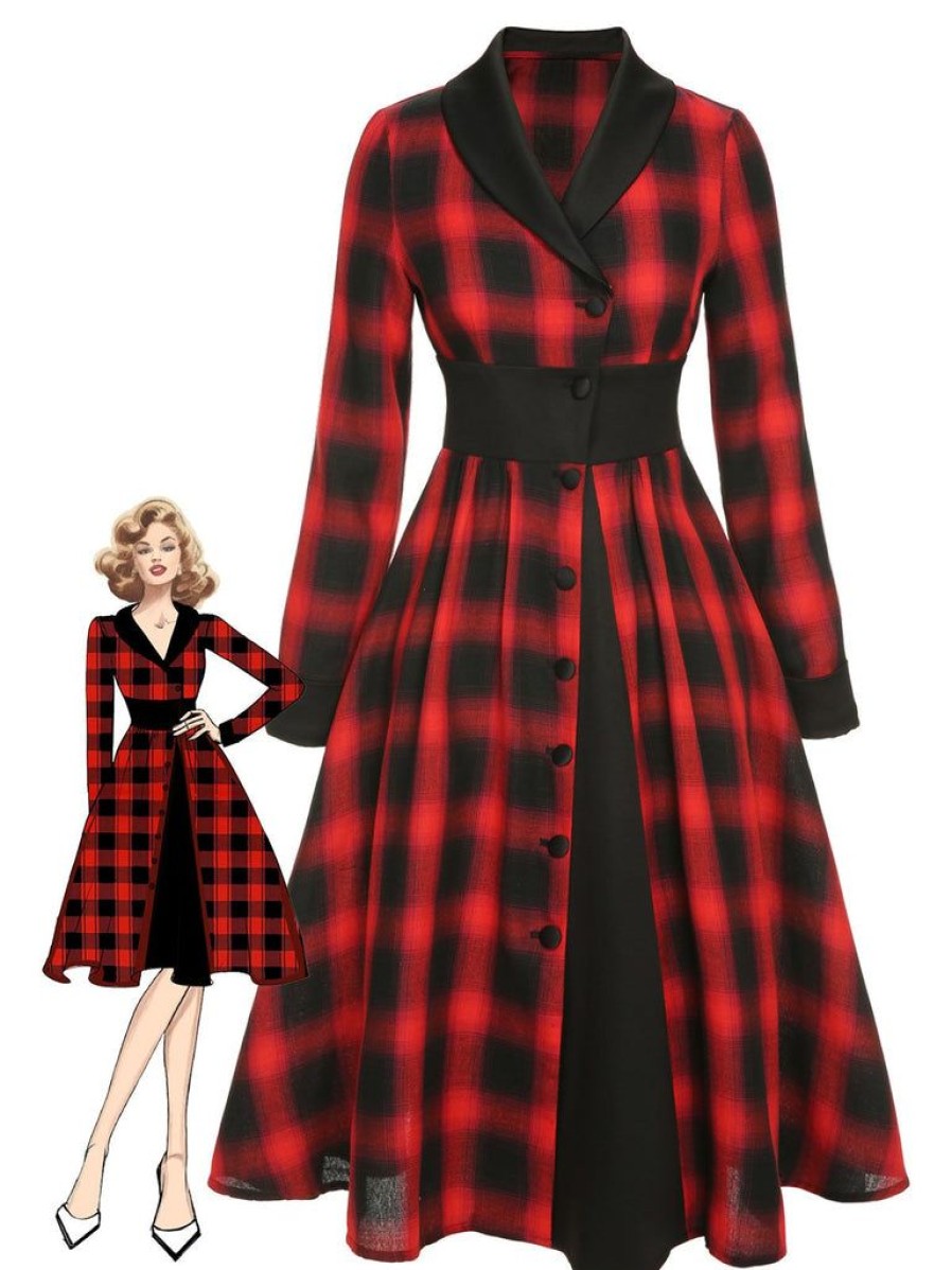 Clothing Retro Stage | [Pre-Sale] 1950S Gingham Plaid Button Lapel Dress Black&Red